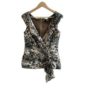 Tadashi Collection Animall Print Silk Pleated Faux Wrap Blouse Ruching Size 10